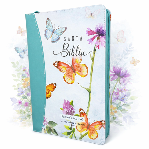 Biblia con Cierre Letra Súper Gigante 19 puntos Mediana RV1960, imit piel duotono turquesa floral y mariposas con índice y canto floral
