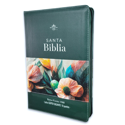 Biblia con Cierre Letra Súper Gigante 19 puntos Mediana RV1960 imit piel verde floral con índice y canto floral
