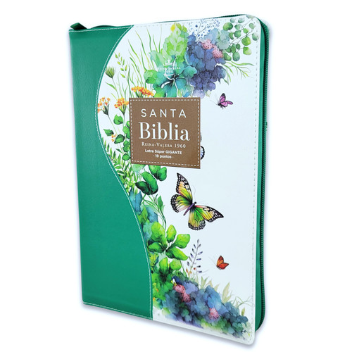 Biblia con Cierre Letra Súper Gigante 19 puntos Mediana RV1960, imit piel floral mariposa verde con índice y canto floral