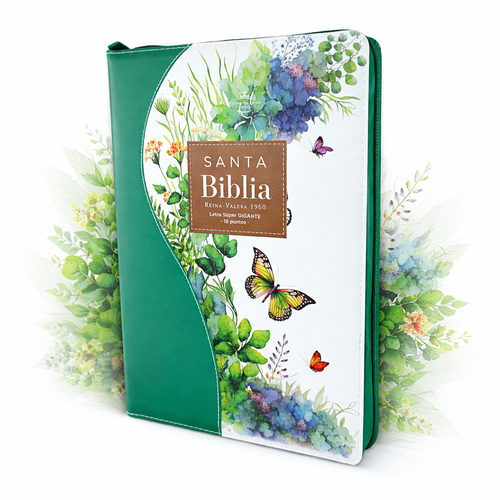 Biblia con Cierre Letra Súper Gigante 19 puntos Mediana RV1960, imit piel floral mariposa verde con índice y canto floral