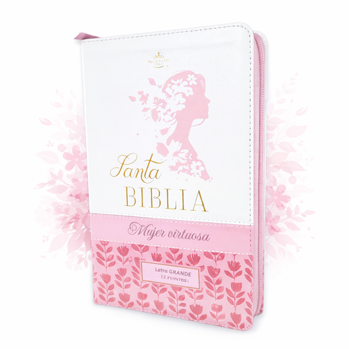 Biblia con Cierre Letra Grande 12 puntos RV1960, imit piel floral rosa y blanco con índice y canto floral - Mujer Virtuosa