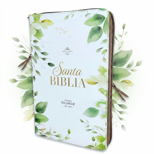 Biblia con Cierre Letra Grande 12 puntos RV1960 imit piel café y verde fantasía floral con índice y canto floral