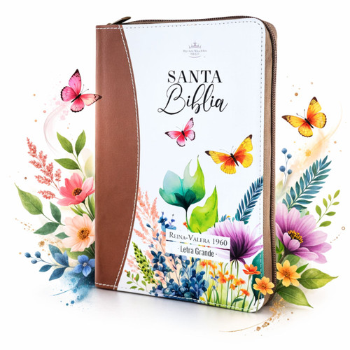 Biblia con Cierre Letra Grande Manual 12 puntos RV1960 imit piel primavera café con índice y canto floral