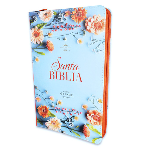 Biblia con Cierre Letra Grande Manual 12 puntos RV1960 imit piel naranja y azul floral con índice y canto floral