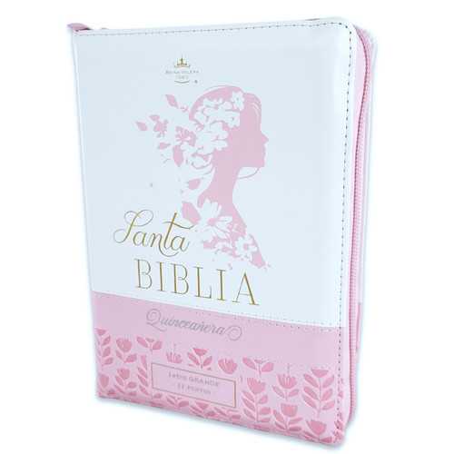 Biblia Quinceañera con Cierre Compacta 11 puntos RV1960, imit piel blanco floral con índice