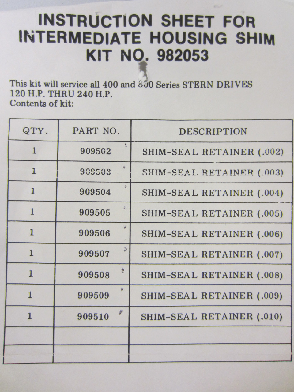 OMC Stern Drive New OEM Intermediate Gear Housing Shim Kit 982053, 0982053