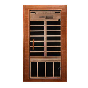 Dynamic Saunas Dynamic Avila 1-2 person Low EMF FAR Infrared Sauna, front view of the wooden sauna with glass door and interior benches.
