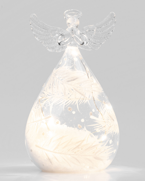 Round Clear LED Glass Angels with White Feather Print. Two Sizes.*
