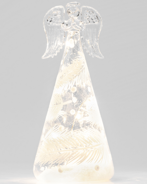 Clear Glass LED Angels with White Feather Print. Three Sizes.*