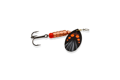 WILLIAMS VORTEX SPINNER V5 1/2oz BLACK ORANGE DOTS COPPER BODY BACK