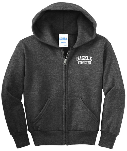 Gackle Streeter PC90YZH Port and Company Youth Core Fleece Full-Zip Hooded Sweatshirt  (Dark Heather Grey) Gackle Streeter PC90YZH Port and Company Youth Core Fleece Full-Zip Hooded Sweatshirt  (Dark Heather Grey)