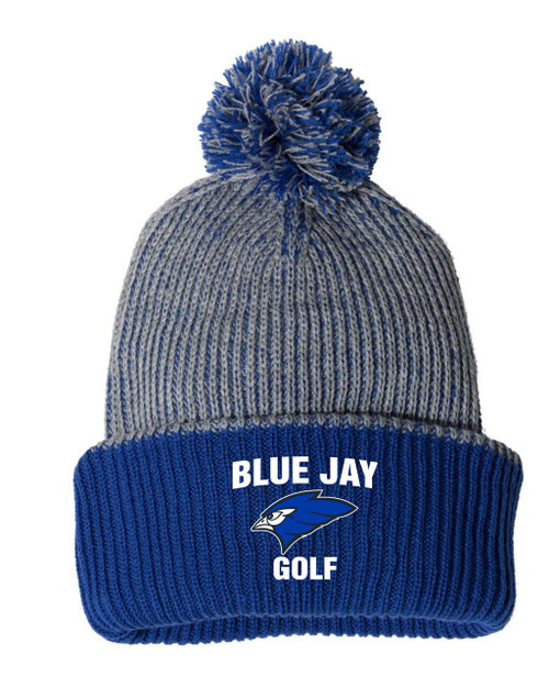 Blue Jay Boys Golf SP70 Sportsman - 12_ Speckled Pom-Pom Cuffed Beanie (Heather Grey-Royal)