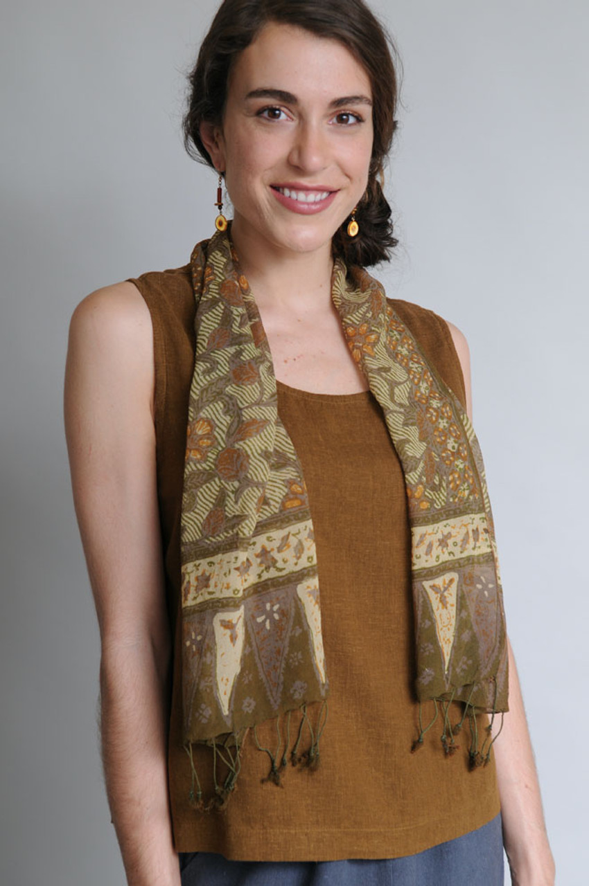 Sympatico Clothing Brown/Gold/Beige Hand-Painted Silk Kalamkari Scarf