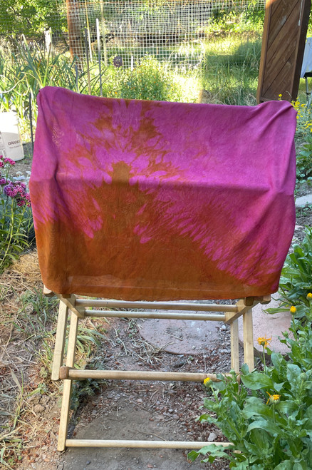 Bright pink and gold organic dye infinity scarf made of silk