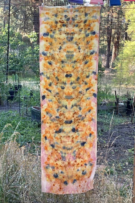 Pink, blue, gold, yellow silk charmeuse organic dye scarf