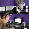 (2) DeskMAX™ Home Office panels with stands shown in Purple set up around a laptop computer for a virtual conference call.