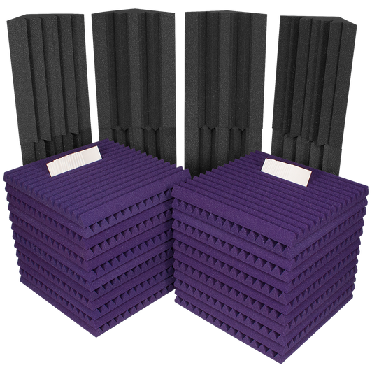 Project 2™ Roominator Kit - (24) 2’ x 2’ x 2″ Studiofoam® Wedges, (8) LENRD® Bass Traps and Mounting Adhesive - shown in Charcoal and Purple. Project 2™ Roominator Kit - (24) 2’ x 2’ x 2″ Studiofoam® Wedges, (8) LENRD® Bass Traps and Mounting Adhesive - shown in Charcoal and Purple.