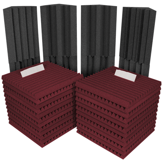 Project 2™ Roominator Kit - (24) 2’ x 2’ x 2″ Studiofoam® Wedges, (8) LENRD® Bass Traps and Mounting Adhesive - shown in Charcoal and Burgundy. Project 2™ Roominator Kit - (24) 2’ x 2’ x 2″ Studiofoam® Wedges, (8) LENRD® Bass Traps and Mounting Adhesive - shown in Charcoal and Burgundy.