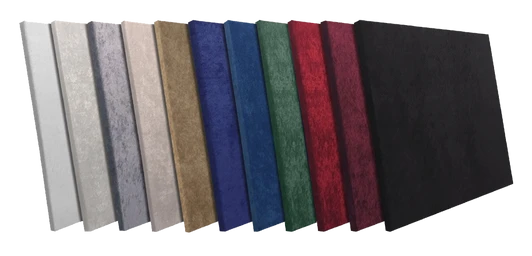 Horizontal Stack of Sonolite™ Panels showing available color choices - Oyster, Grey, Beige, Tan, Wedgewood (Blue), Royal, Atomic Red, Burgundy, Purple & Black.