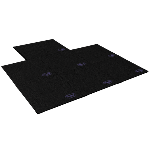 (7) HoverDeck v2 isolation panels - shown in Black Fabric - 23¾” x 23¾” x 1″ each - set up in a configuration for use with a 5-piece drum kit.