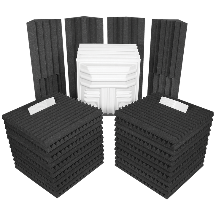 Deluxe Plus™ Roominator™ Kit - (24) 2’x2’x2″ Studiofoam® Wedges - shown in Charcoal, (8) LENRD® Bass Traps - shown in Charcoal, (6) T’Fusor™ 3D Sound Diffusors - shown in White and Mounting Adhesive.