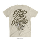 Natural bone color signature lightweight tee, back. Large airbrushed sepia script reading "Para Mis Ángeles" above two cherub angels, flanked by dates "2011" and "2016," with "Born For This" in script beneath.