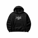 Black oversized heavyweight hoodie with LA AMENAZA and Born For This printed graphic on chest, scattered white dot print across upper body, tonal Aztec calendar detailing, and kangaroo pocket.
