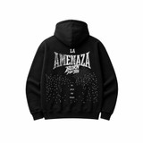 Back of black heavyweight hoodie with large LA AMENAZA Born For This graphic, tonal Aztec calendar print, scattered white dot cascade, and El Jale No Para text.