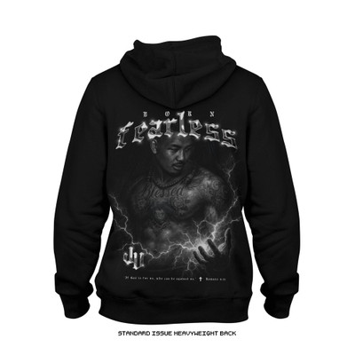 Joshua Van 'Born Fearless Photo' Premium + Standard Issue  Heavyweight Hoodie (Black) — back