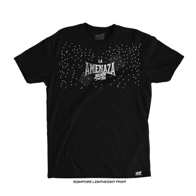 Black signature lightweight tee with LA AMENAZA Born For This printed graphic on chest, scattered white dot print, and tonal Aztec calendar detailing.