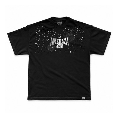 Black premium heavyweight oversized tee with LA AMENAZA Born For This printed graphic on chest, scattered white dot print, and tonal Aztec calendar detailing.