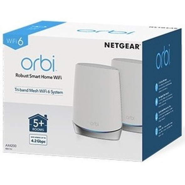 Netgear Orbi RBK752 Wi-Fi 6 IEEE 802.11ax Ethernet Wireless Router - 2.40 GHz ISM Band - 5 GHz UNII Band - 6 x Antenna(6 x Internal) - 525 MB/s Wireless Speed - 3 x Network Port - 1 x Broadband Port - Gigabit Ethernet - Desktop