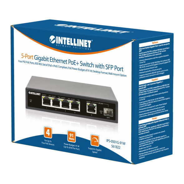 intellinet 5-Port Gigabit Ethernet PoE+ Switch with SFP Port