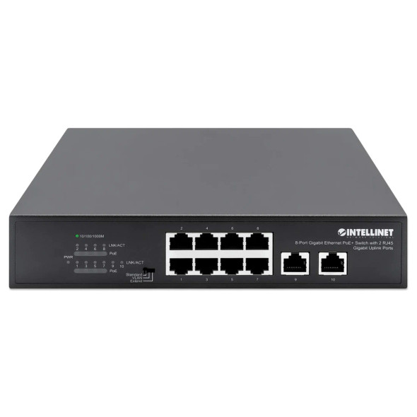 Intellinet 8-Port Gigabit Ethernet PoE+ Switch with 2 RJ45 Gigabit Uplink Ports