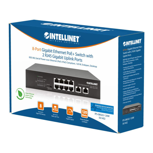 Intellinet 8-Port Gigabit Ethernet PoE+ Switch with 2 RJ45 Gigabit Uplink Ports