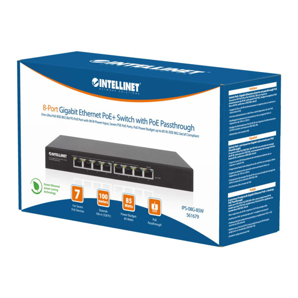 Intellinet PoE-Powered 8-Port Gigabit Ethernet PoE+ Switch with PoE Passthrough