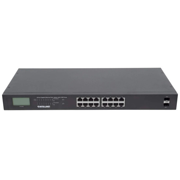 Intellinet 16-Port Gigabit Ethernet PoE+ Switch with 2 SFP Ports and LCD Screen