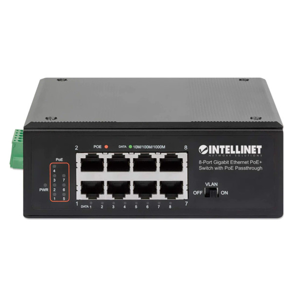 Intellinet Industrial PoE-Powered 8-Port Gigabit Switch with PoE Passthrough