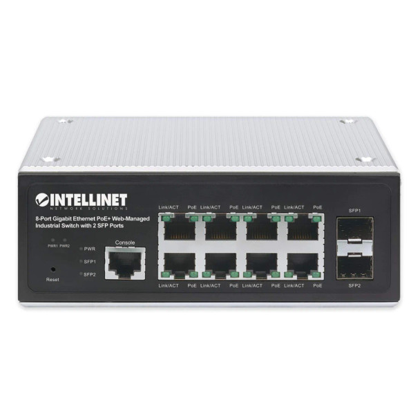 Intellinet Industrial 8-Port Gigabit Ethernet PoE+ Layer 2+ Web-Managed Switch with 2 SFP Ports