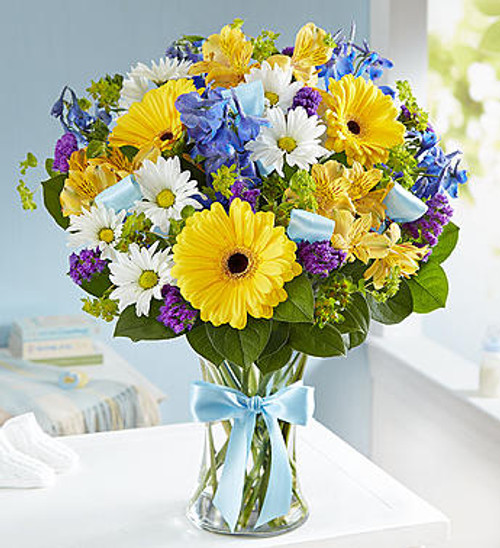 Sweet Baby Boy Arrangement
Celebrate a new baby boy with a precious hand-designed arrangement. Our happy bouquet of fresh blue, yellow and white blooms in a glass vase tied with blue ribbon, is a beautiful and thoughtful way to congratulate the proud parents on their little bundle of joy.