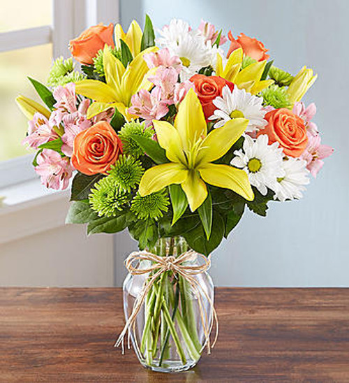 Fields of Europe
The rustic beauty of hand tied bouquets fresh from a European flower market come alive in our best-selling arrangement. Handcrafted by our skilled artisan florists, this vibrant mix is gathered inside a clear glass vase tied with raffia for a touch of Old World charm.