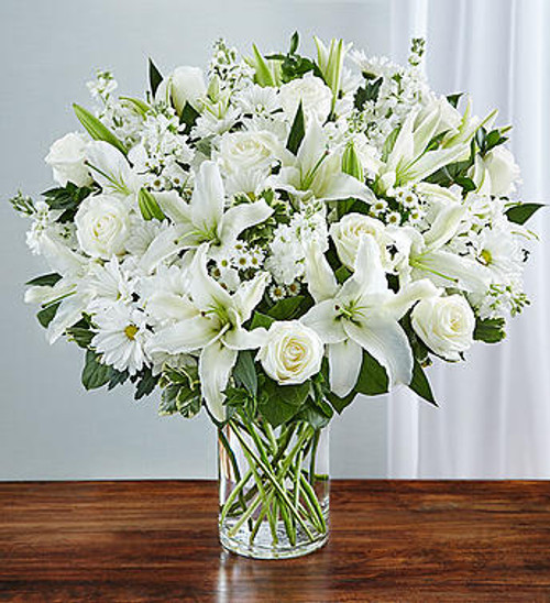 Sincerest Sorrow All White
Express your sincere condolences with our elegant all-white arrangement of roses, lilies, stock, daisy poms and monte casino. A peaceful tribute that offers treasured memories of loved ones.