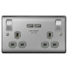 BG Brushed Steel 2 Gang Double Pole Switched 13A Socket - USB Grey Insert