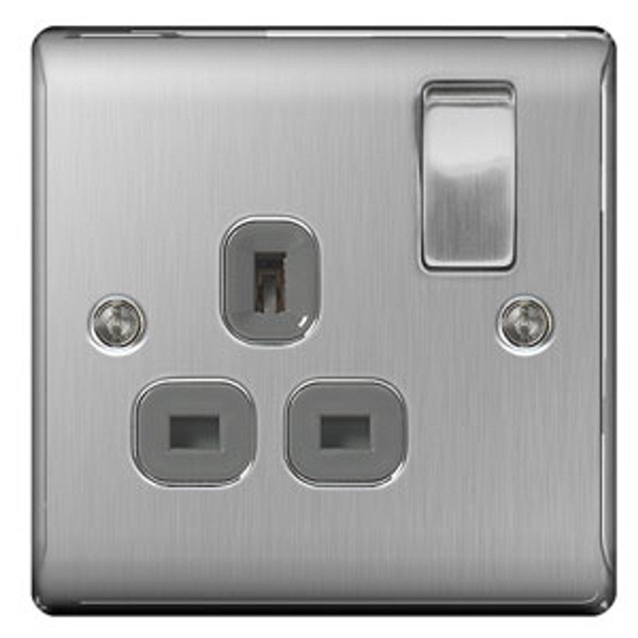BG Brushed Steel 1 Gang Double Pole Switched 13A Socket - Grey Surround
