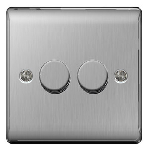 BG Brushed Steel 2 Gang 2 Way Push Rotary Dimmer - 400W BG Brushed Steel 2 Gang 2 Way Push Rotary Dimmer - 400W