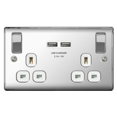 BG Chrome 2 Gang Double Pole Switched 13A Socket - USB White Insert BG Chrome 2 Gang Double Pole Switched 13A Socket - USB White Insert