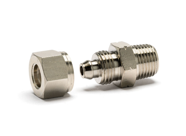 Pressure fitting 1/8" NPT male to 1/4" OD (1/8" ID) hose with a nut