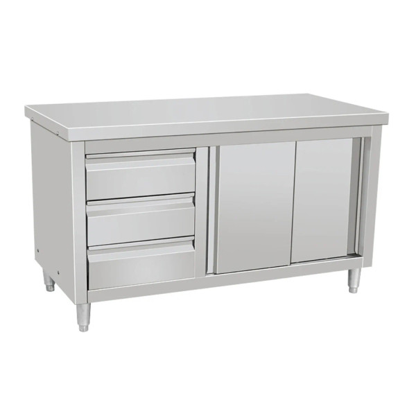 Stainless Steel Work Table Cabinet with Sliding Doors and 3 Drawers 1200 mm Wide