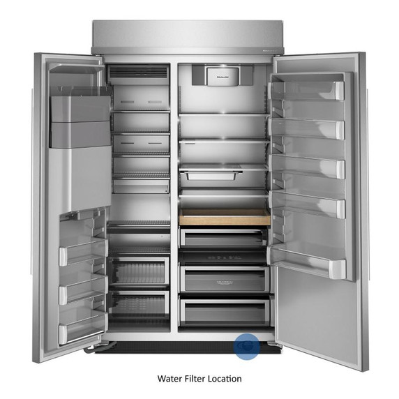 Kitchenaid® 29.4 Cu. Ft. 48" Built-In Side-by-Side Refrigerator features Exterior Water and Ice Dispenser with Measured Fill KBSD748SPS