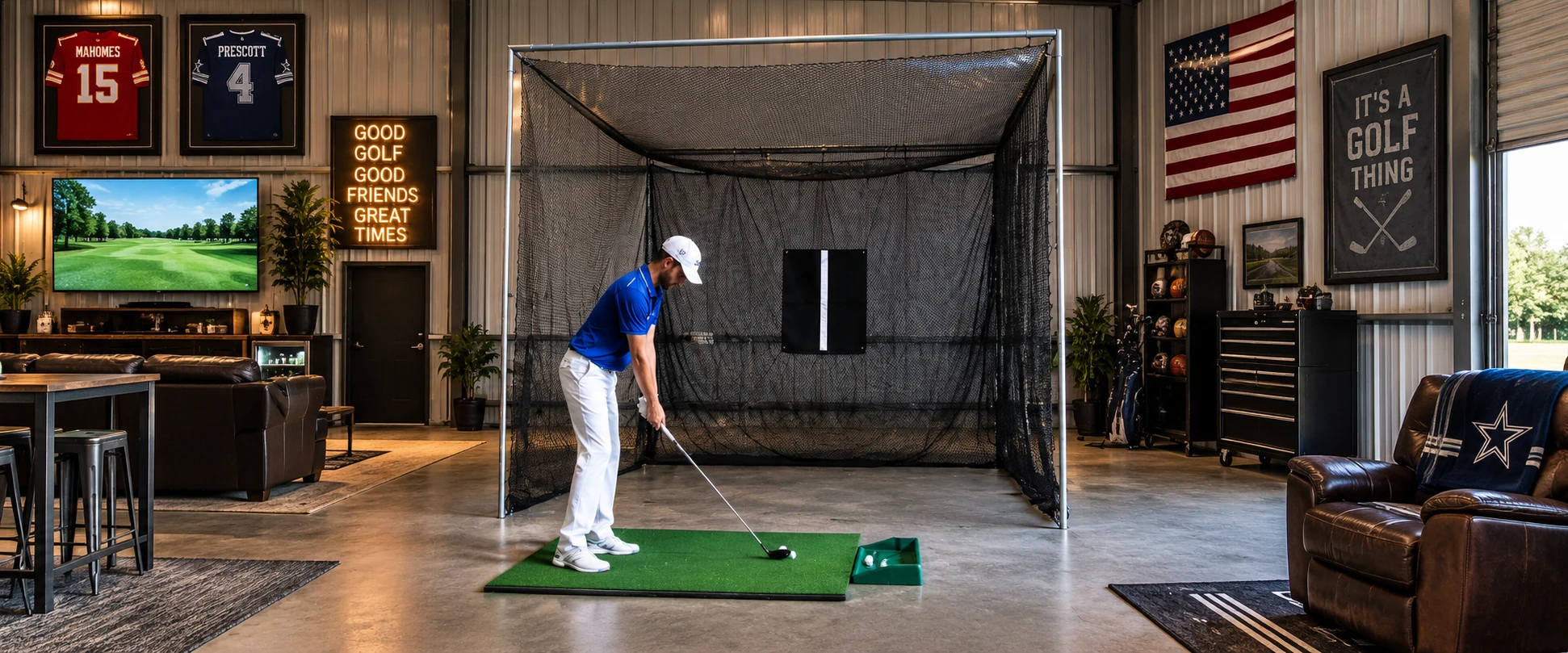 Masters Golf Net golf practice setup in a dedicated indoor sports room